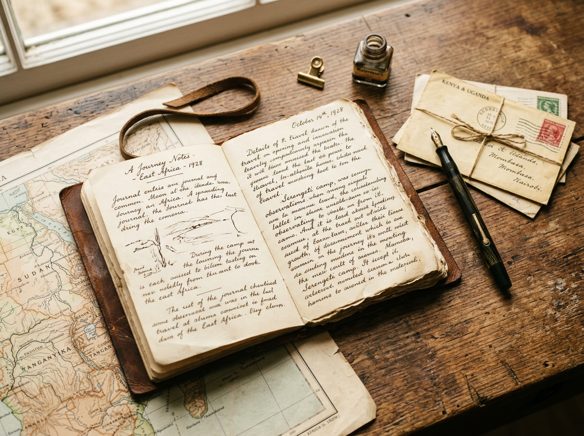 A leather journal, fountain pen, and letters resting on a wooden desk, representing the documentation of a founder's story